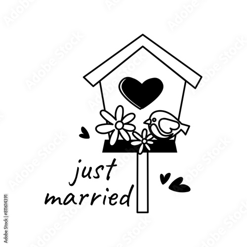 Premium glyph sticker of birdhouse with wedding typography 