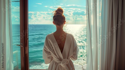 Woman in White Robe Gazing at Ocean View from Balcony © kvladimirv