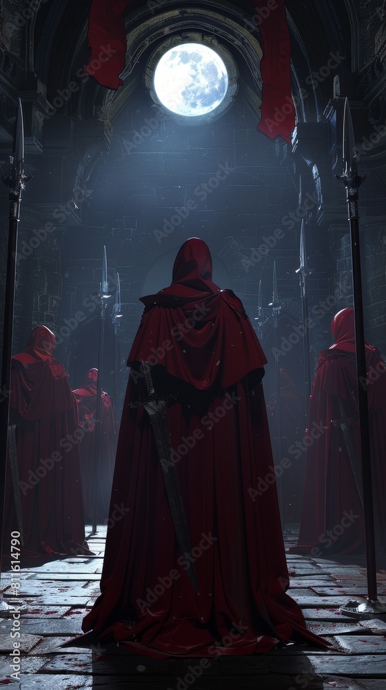 3D Modeling of an elite honor guard in crimson cloaks and halberds, guarding a throne in a Gothic horror castle under dramatic moonlight 3D Modeling of an elite honor guard in crimson cloaks and halberds, guarding a throne in a Gothic horror castle under dramatic moonlight