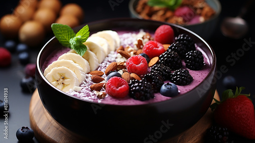 Smoothie bowl with fresh blackberries, blueberries, banana, sunflower seeds, pumpkin seeds