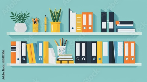 Office and Workspace Supplies: An illustration of office supplies, such as pens, notebooks, and folders