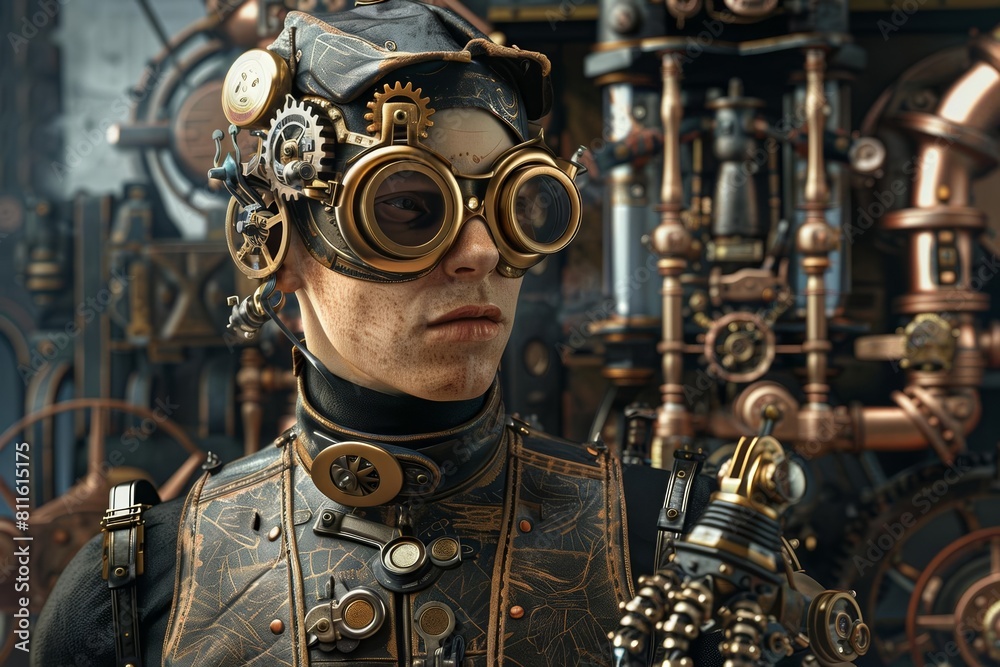 Steampunk-inspired inventor with intricate brass goggles Steampunk-inspired inventor with intricate brass goggles