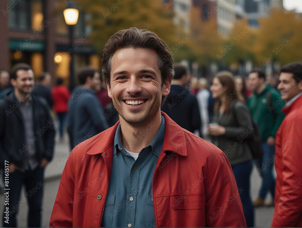 Cheerful Businessman in Casual Attire A Vibrant Outdoor Portrait on a Bustling Street Cheerful Businessman in Casual Attire A Vibrant Outdoor Portrait on a Bustling Street