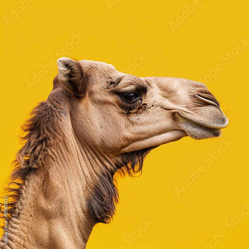 Eid ul Adha, Close up shot of a happy Arabic camel against a vibrant yellow background