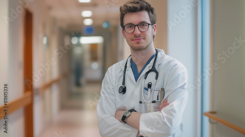 a handsome doctor in the coridor of hospital photo