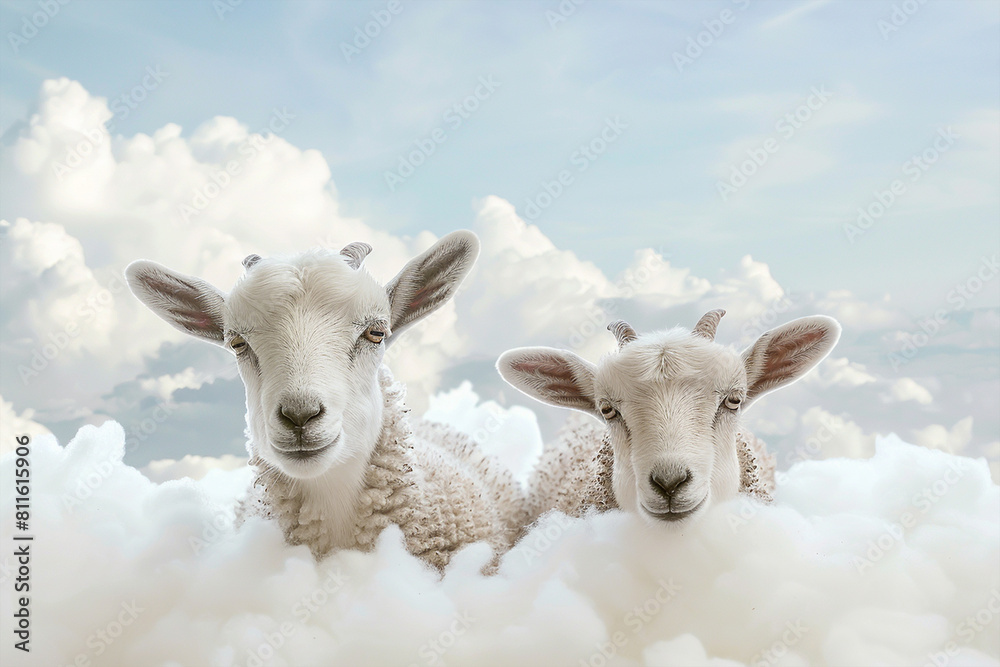 Fototapeta premium Goats on white background with clouds. Eid ul adha concept