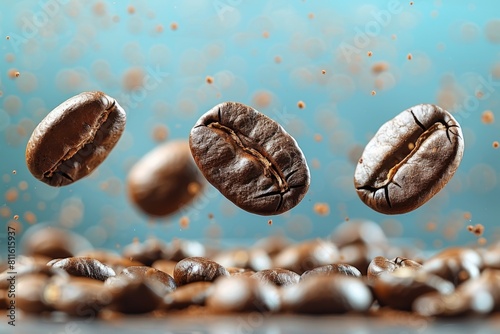 Advertising shot of falling coffee beans on a blue background.