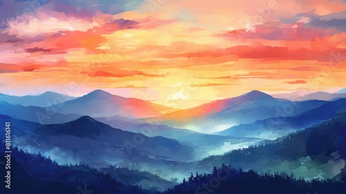 Digital painting of a mountainous landscape during a vibrant sunset. Image of blue mountain or hill painted with blue gradient watercolor contrast with orange and pink twilight sky from sunset. AIG35. © Summit Art Creations