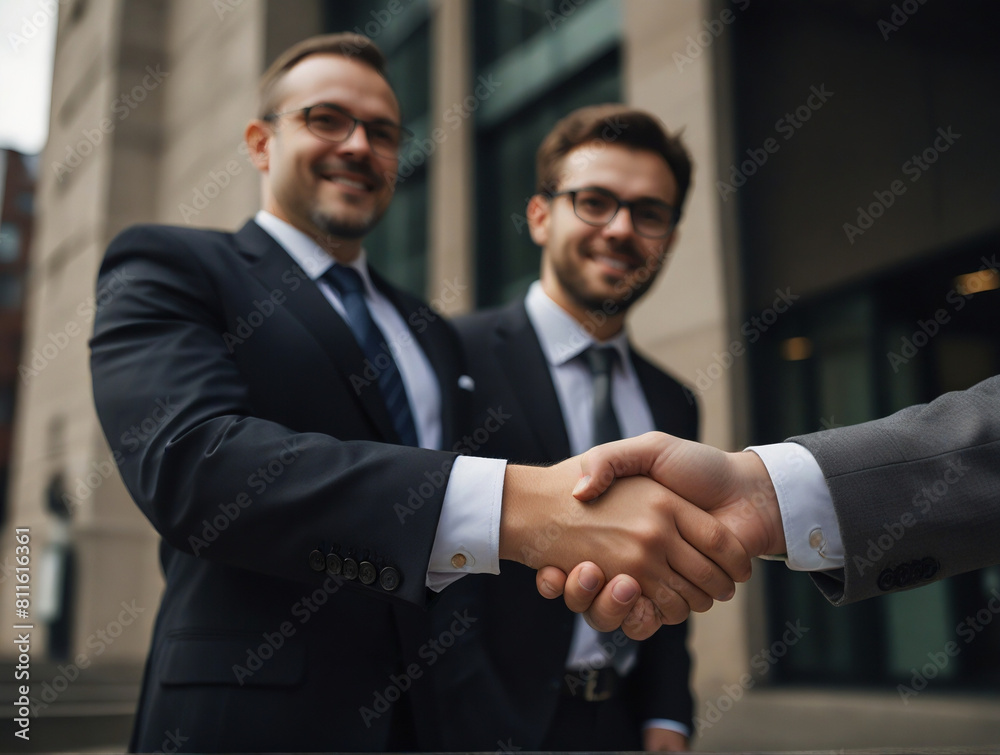 Middle-aged Businessman Smiles, Shaking Hands with Partner, Cementing a Partnership Collaboration Agreement in an Outdoor Meeting Middle-aged Businessman Smiles, Shaking Hands with Partner, Cementing a Partnership Collaboration Agreement in an Outdoor Meeting