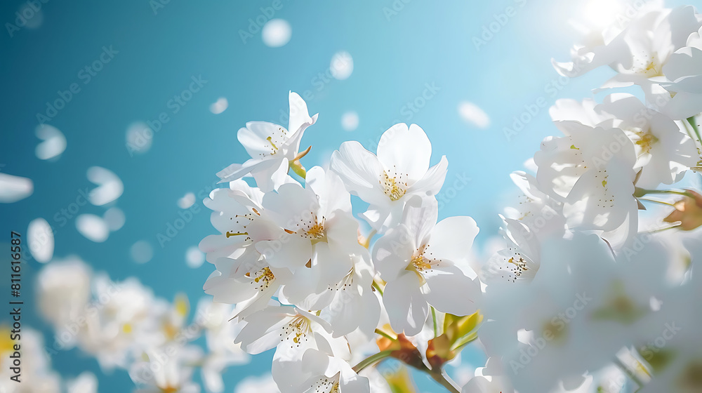Ethereal white cherry blossoms against a clear spring sky, with petals fluttering in the breeze. Generative AI illustration Ethereal white cherry blossoms against a clear spring sky, with petals fluttering in the breeze. Generative AI illustration