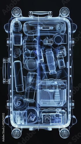 X-ray view of a suitcase packed with various items