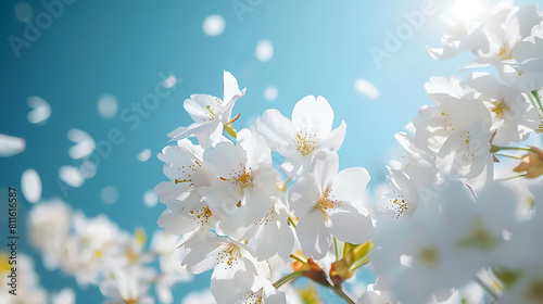 Ethereal white cherry blossoms against a clear spring sky  with petals fluttering in the breeze. Generative AI illustration 