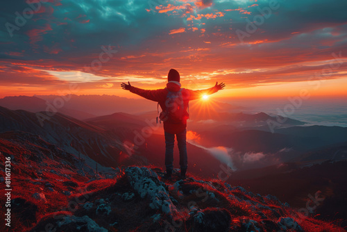 Man with open arms standing on mountain peak overlooking the landscape scenery. Travel enthusiast. Goals, Achievements.