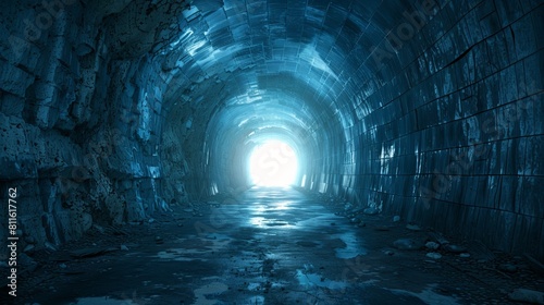 Gloomy and mysterious tunnel with blue light at the end photo