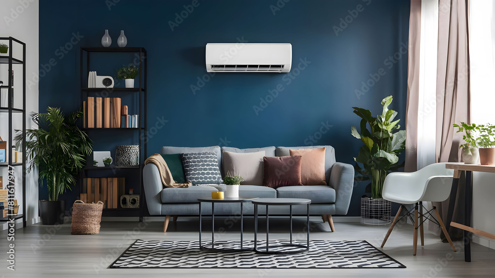 Modern air conditioner on wall in room with stylish sofa