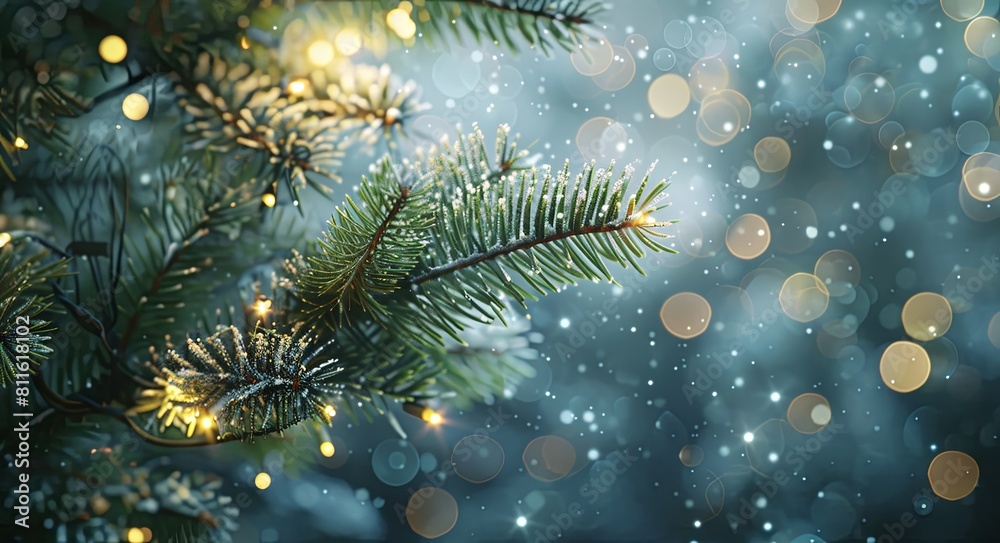 Fairy light background with blurred green pine tree branches and bokeh lights.