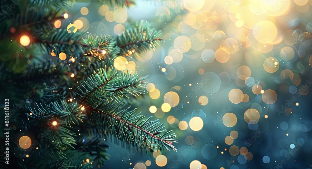 Fairy light background with blurred green pine tree branches and bokeh lights. Fairy light background with blurred green pine tree branches and bokeh lights.