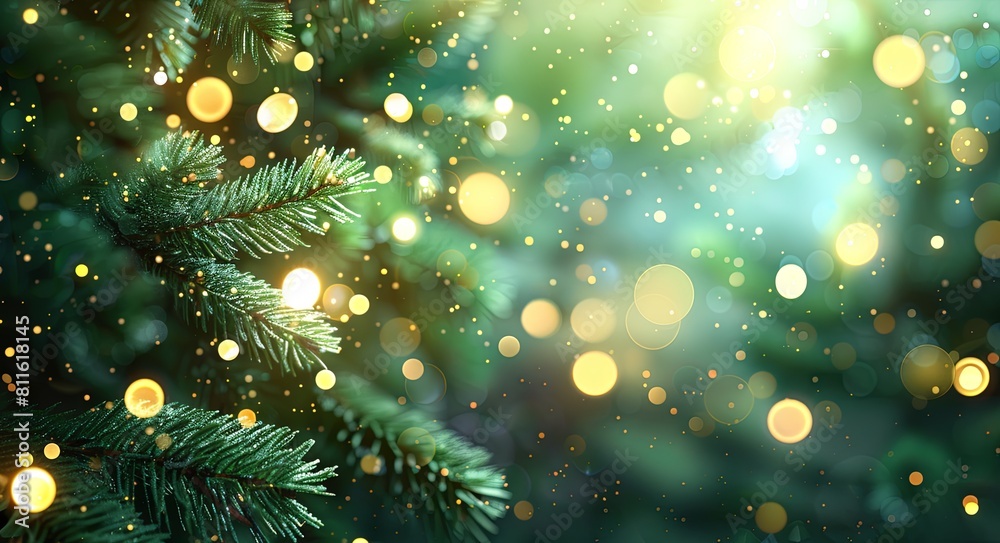 Fairy light background with blurred green pine tree branches and bokeh lights. Fairy light background with blurred green pine tree branches and bokeh lights.