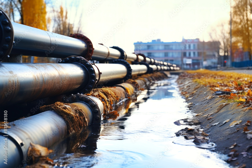 A series of pipes strategically placed next to a tranquil body of water, blending man-made structures with natural surroundings A series of pipes strategically placed next to a tranquil body of water, blending man-made structures with natural surroundings
