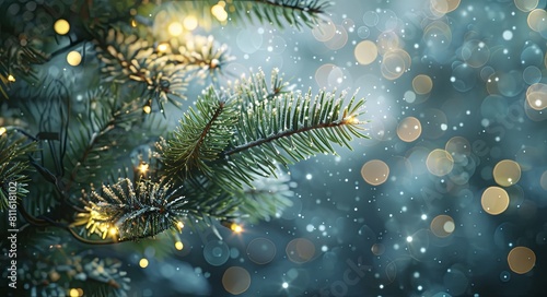 Fairy light background with blurred green pine tree branches and bokeh lights.