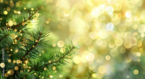 Fairy light background with blurred green pine tree branches and bokeh lights.