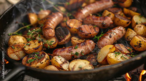 Frying pan with tasty potatoes and sausages on coals -