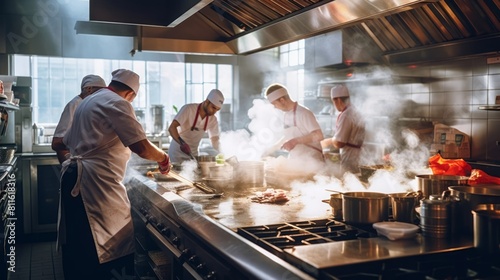 famous chef works in a large restaurant kitchen with his help. The kitchen is full of food, vegetables and boiling dishes. photo