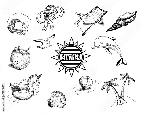 Summer set in doodle style with a wave, a seagull, a cocktail in a coconut, an inflatable unicorn, a beach hat, a ball, an island, a lounger and shells. Graphic arts.