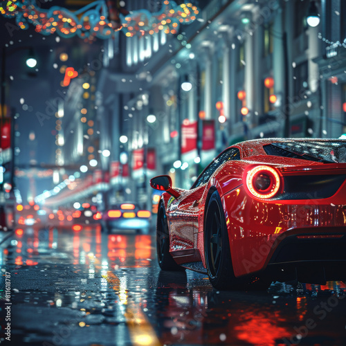 Luxury sports car in city street at night. City nightlife. Speed, power. © steve
