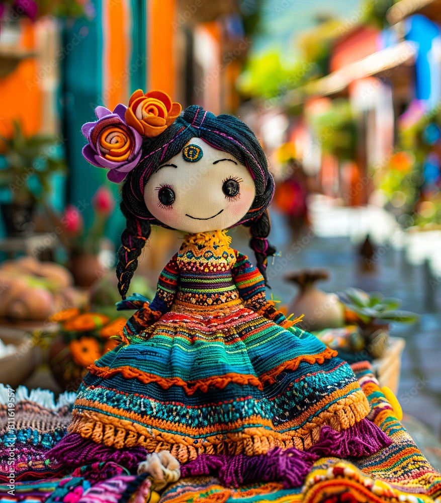 A doll in a colorful dress sitting on a table.