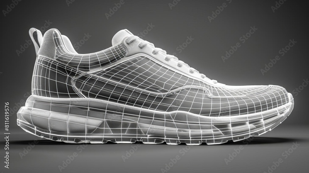 Create a wireframe representation of a casual shoe, highlighting the contrast between the upper and the sole Create a wireframe representation of a casual shoe, highlighting the contrast between the upper and the sole