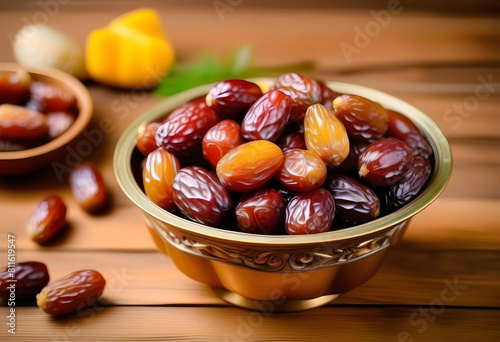 A bowl filled with ripe dates on a vintage bowl