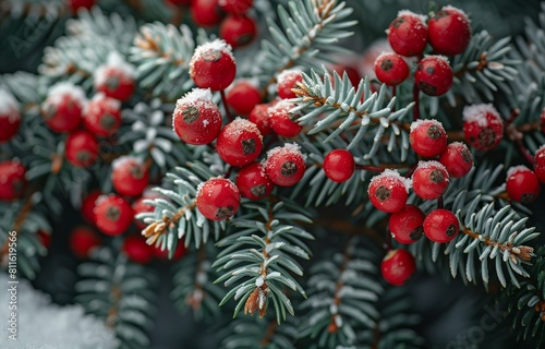 Snow covered green branches adorned with festive red berries create a picturesque Christmas scene