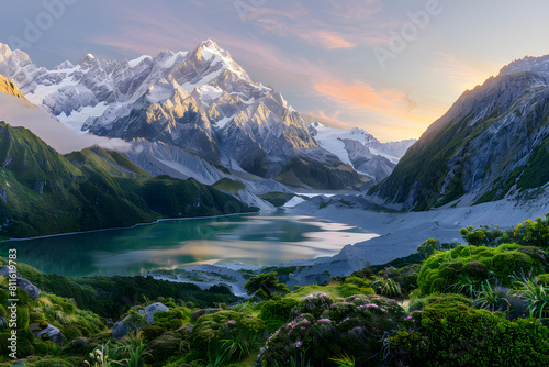 Dawn's Serenity: Serene Sunrise Over Snow-Capped Mountains and Crystal-Clear Lake in Vibrant Meadow © Michael