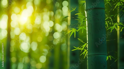 A bamboo forest with sunlight shining through the trees.