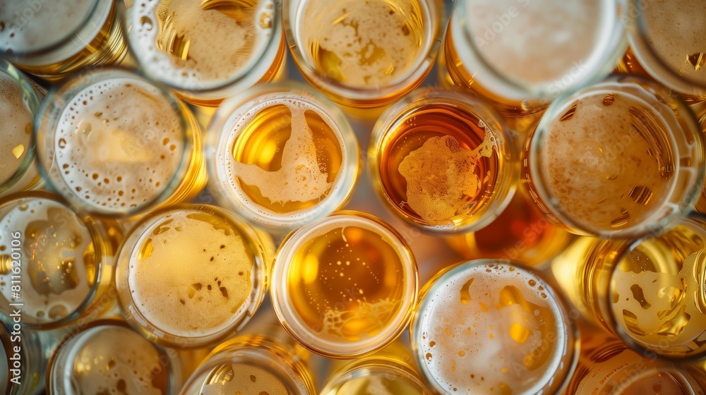 Beer glasses crowd the view from above, filling the frame. Beer glasses crowd the view from above, filling the frame.
