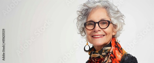 A joyful portrait of a mature woman with a big smile and stylish glasses, exuding confidence and happiness with a minimalist white background