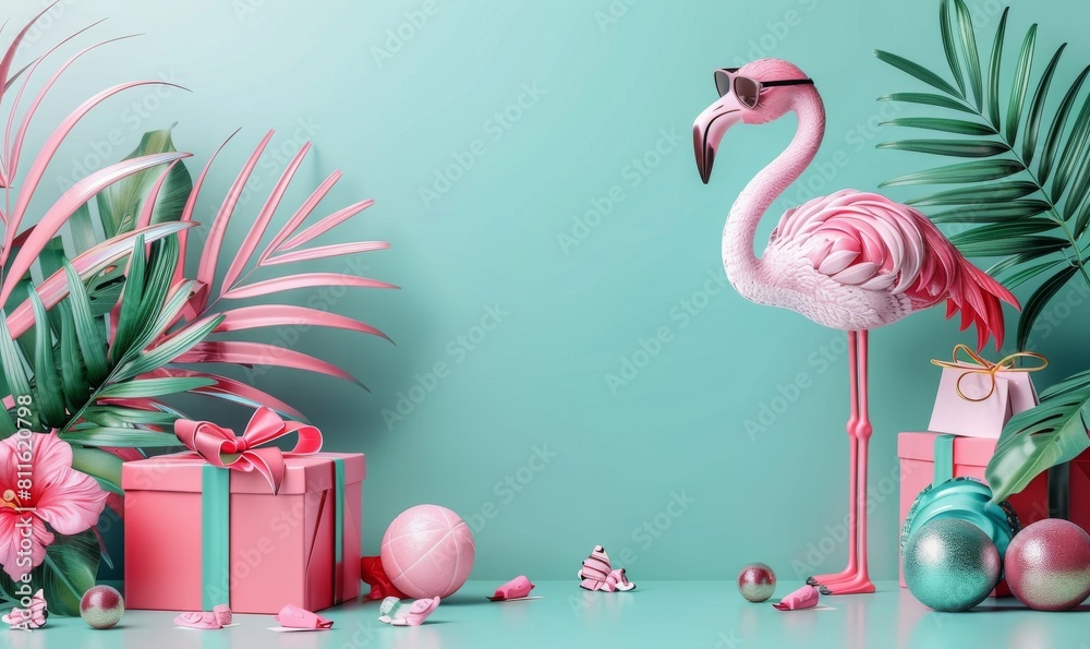 A creative image with a pink flamingo amidst wrapped gifts, conveying a concept of a hip, tropical party or celebration with a fresh, minimal yet colorful design approach A creative image with a pink flamingo amidst wrapped gifts, conveying a concept of a hip, tropical party or celebration with a fresh, minimal yet colorful design approach