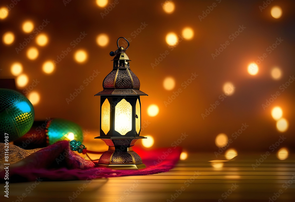 A traditional lamp decorated for Ramadan with blurred lights A traditional lamp decorated for Ramadan with blurred lights