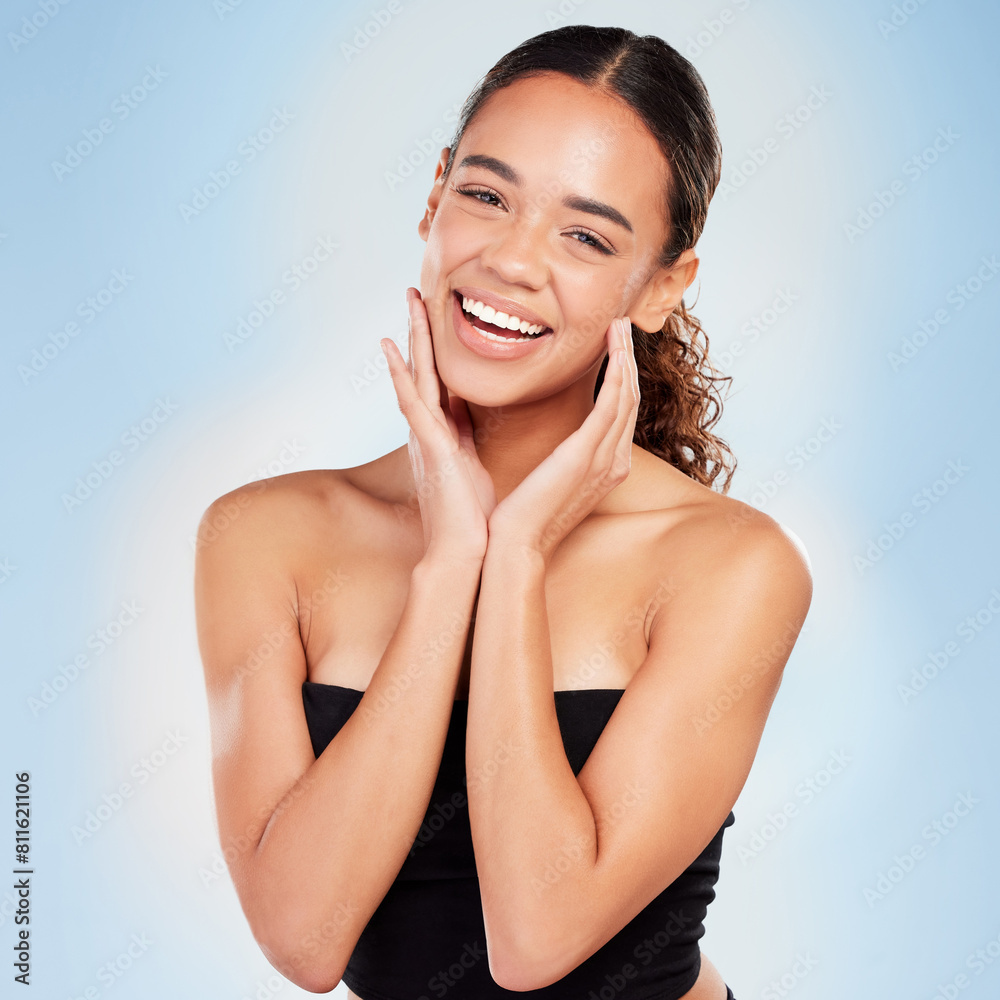 Φωτογραφία Portrait, skincare and beauty of happy woman for glow, shine and health isolated on blue background in studio