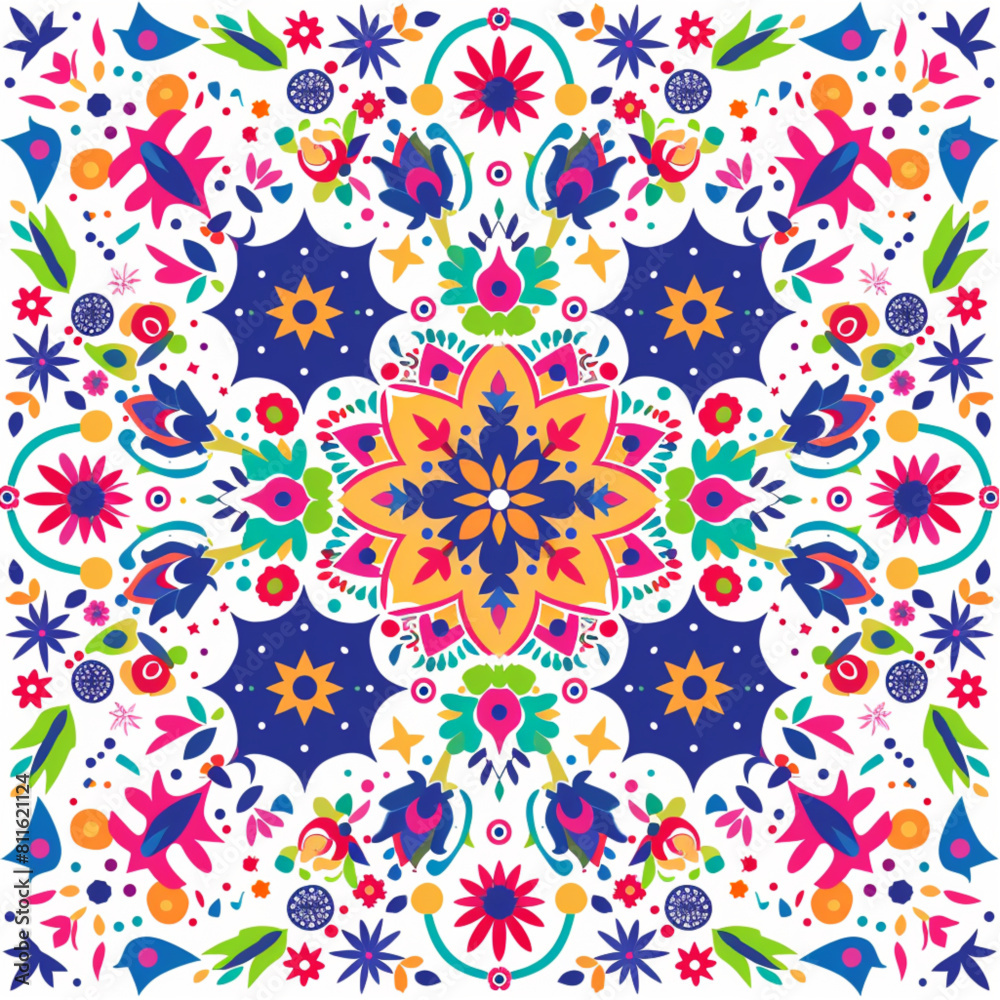 A colorful Mexican mandala design on a white background, featuring traditional patterns and shapes inspired