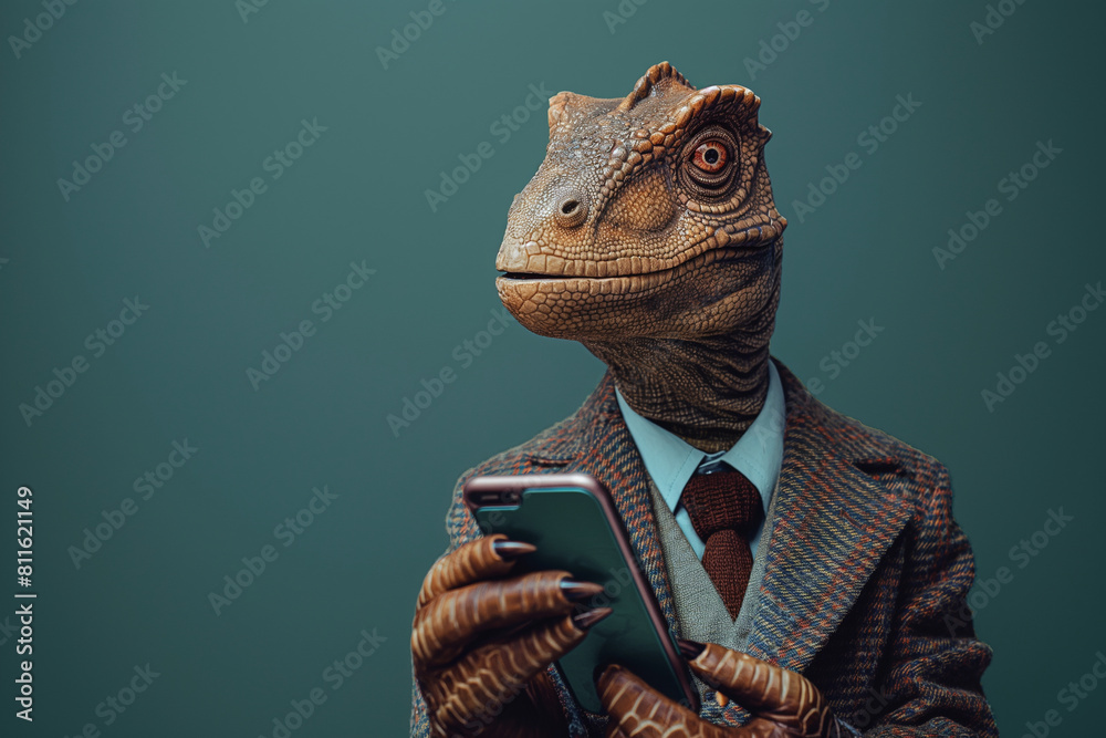 Sophisticated velociraptor in a tailored tweed suit and tie using a smartphone, merging ancient reptilian features with modern technology and style - AI generated Sophisticated velociraptor in a tailored tweed suit and tie using a smartphone, merging ancient reptilian features with modern technology and style - AI generated