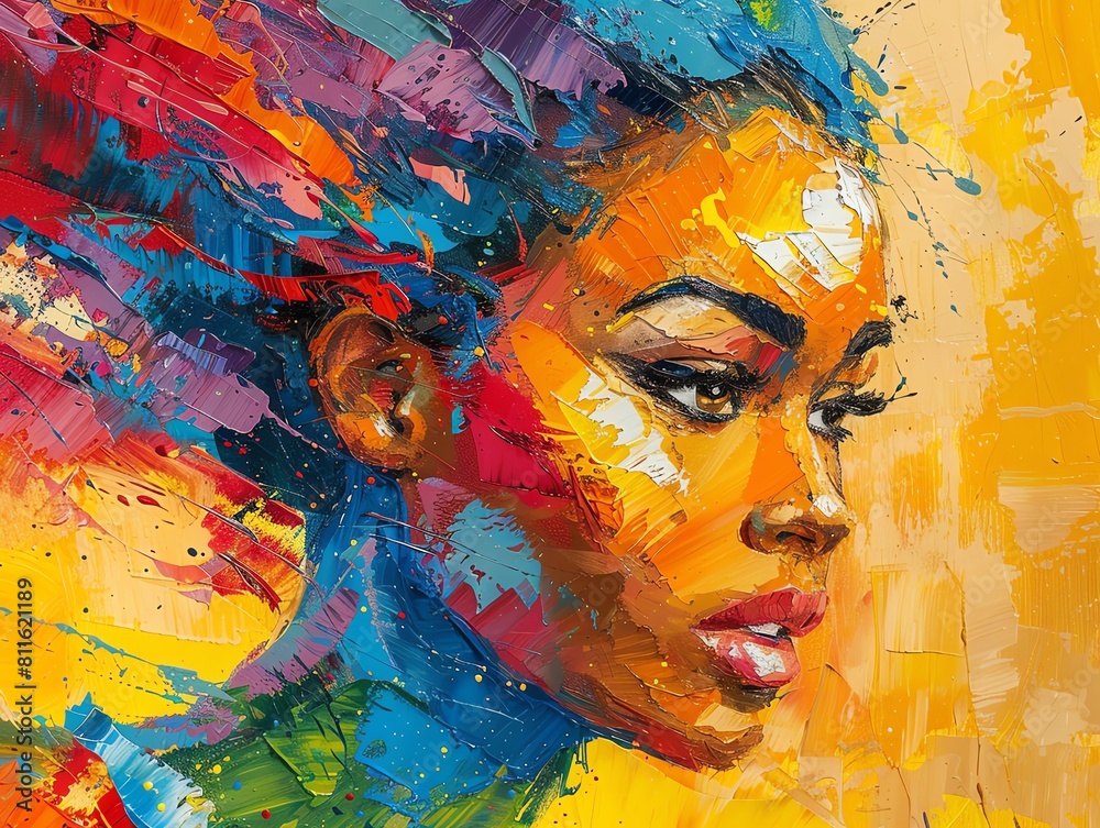 Abstract portrait of a running woman, depicted in vibrant colors with intense gaze and bold brush strokes