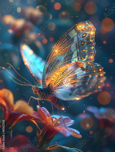 Abstract digital art of a butterfly with a glowing 3D mesh network, hovering over a vibrant, colorful flower © ontsunan