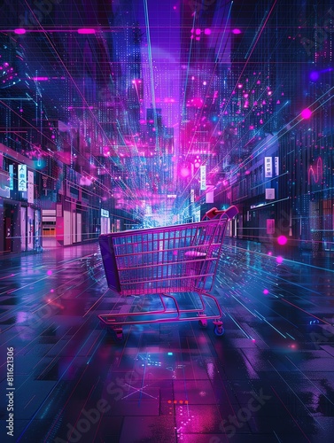 Digital abstract landscape in purple and pink, with a 3D mesh network and a central shopping cart, symbolizing the future of retail