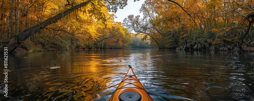 Point of view from a kayak gliding along a tranquil river, framed by overhanging trees and vibrant foliage photo
