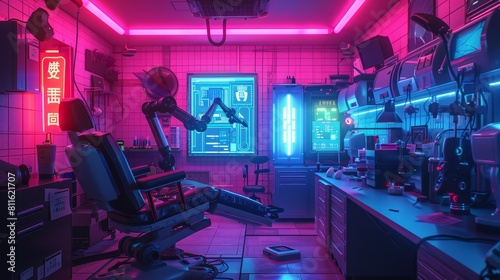 Cyberpunk illustration of a futuristic TCM clinic where robotic arms perform acupuncture  set in a neondrenched  dystopian society