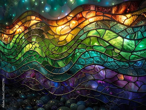 Stained glass depicting the Northern Lights with undulating green and purple lights