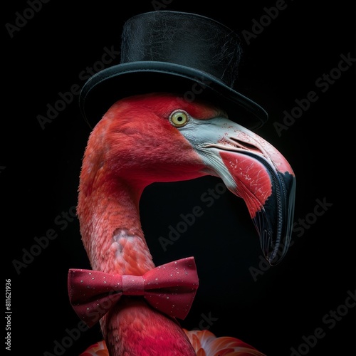 Flamingo in top hat on dark background
