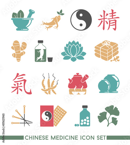 A set of icons of traditional Chinese medicine. It includes acupuncture, vacuum cupping, ginseng, ginger, and other